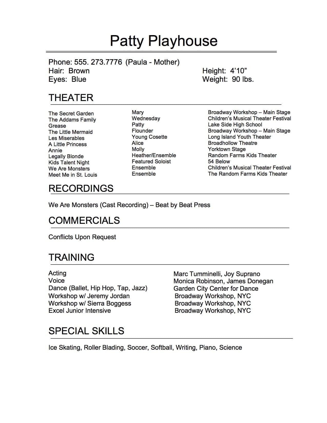 Child musical theater resume